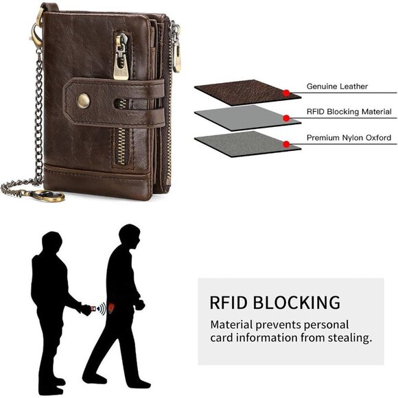 ✨Men Brown Chain Wallets Bifold Blocking with Chain Leather with Coin Pocket - Picture 5 of 7